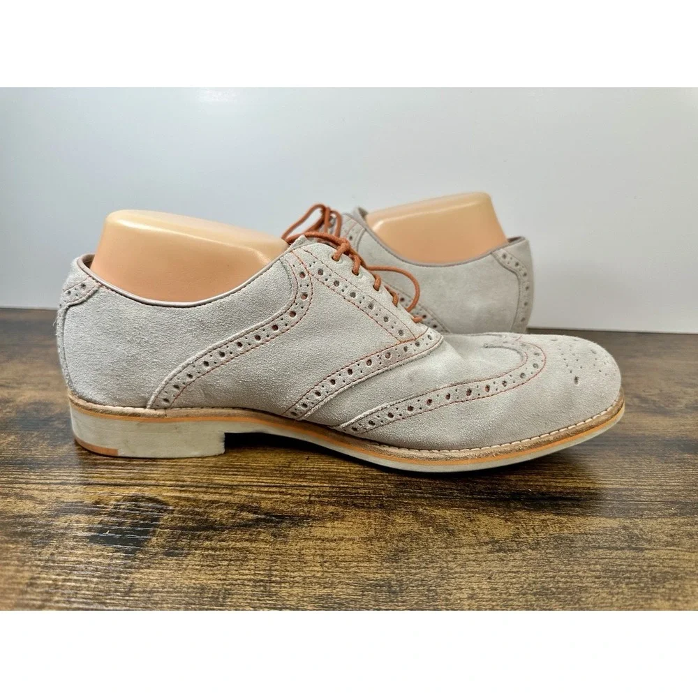 Johnston & Murphy Mens 10M Suede Wingtip Oxford Shoes Gray Sheepskin Lace Up